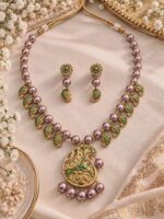 JAITRA Green & Mauve Pearl Statement Necklace Set -TCJS0009