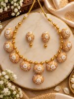 White & Golden Terracotta Statement Necklace Set - TCJS0017 - Image 3
