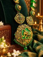 Mayura Gaja – Emerald Green & Antique Gold Terracotta Temple Jewellery Set - TCJS0025 - Image 6